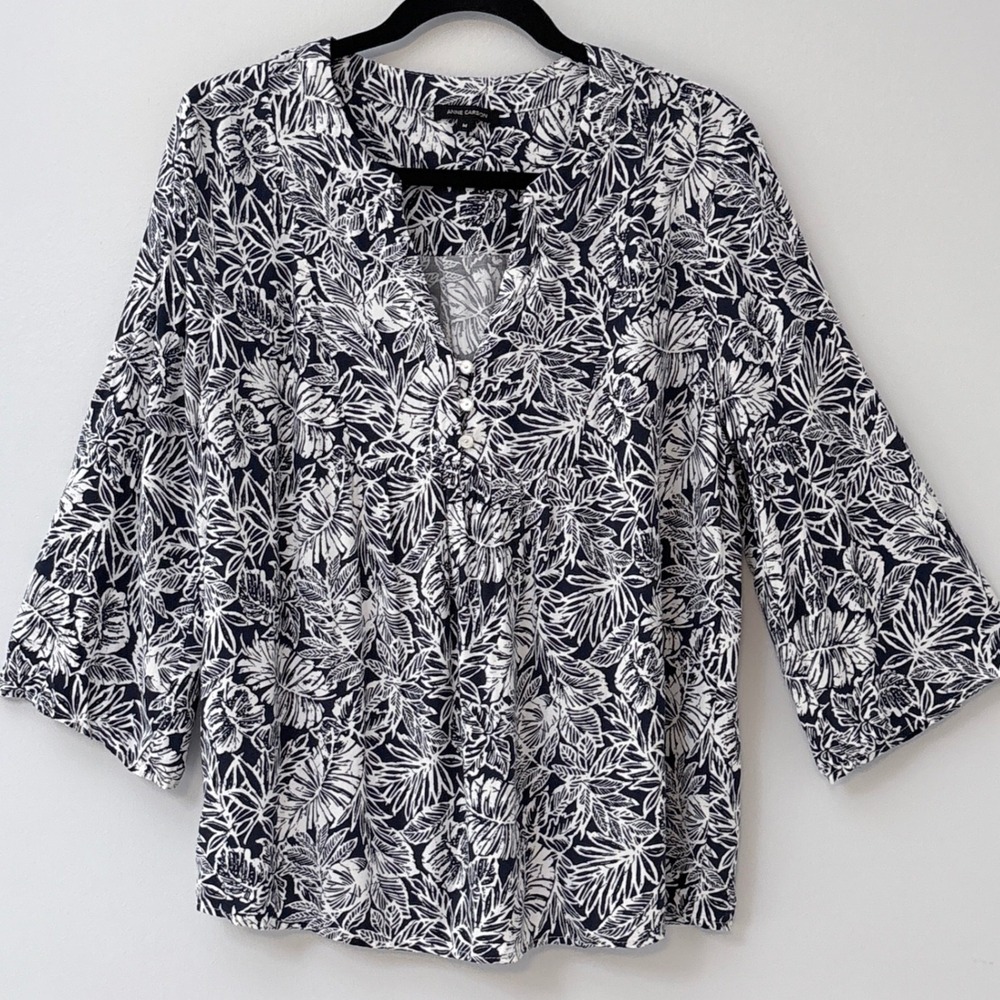 Anne Carson Navy Blue Tropical Leaf Blouse Womens M 3/4 Bell Sleeve